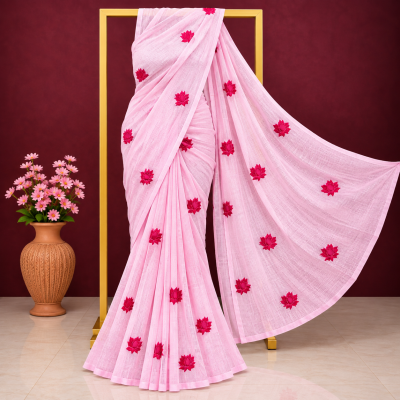 Exclusive Baby Pink Cotton Embroidered Saree